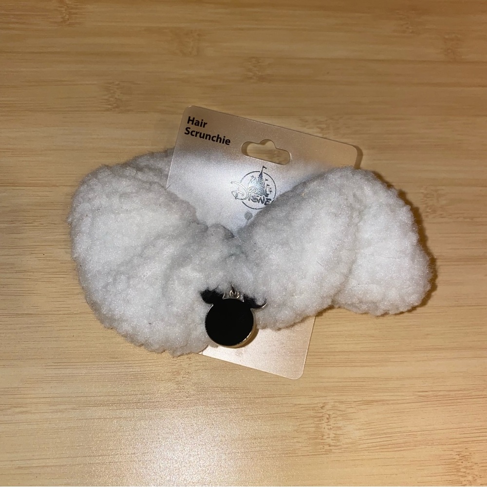 Disney Parks Adult White Sherpa Fleece Hair Scrunchie Mickey Head Icon Charm